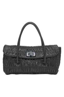 Black patina leather capretto gaufre shoulder flap bag with turn-lock fastening