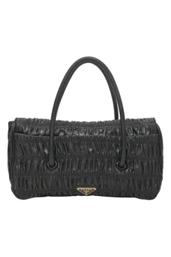 Black patina leather capretto gaufre shoulder flap bag with turn-lock fastening