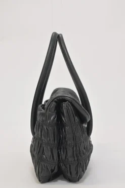 Black patina leather capretto gaufre shoulder flap bag with turn-lock fastening