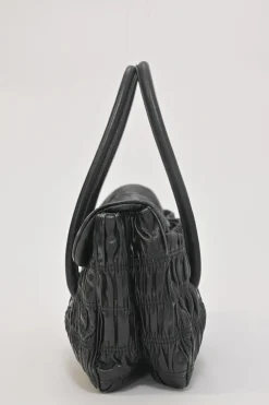 Black patina leather capretto gaufre shoulder flap bag with turn-lock fastening