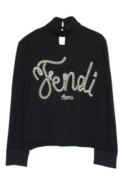 Black pearl-embellished cotton-blend pullover cutout turtleneck logo sweater