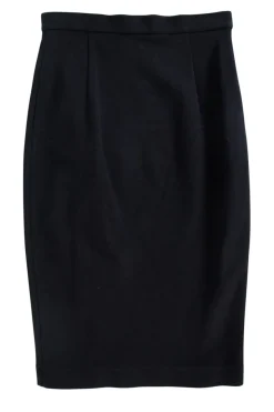 Black pencil skirt with ruffle down one side and silver zip through
