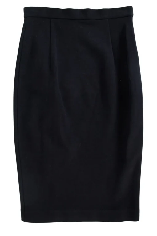 Black pencil skirt with ruffle down one side and silver zip through