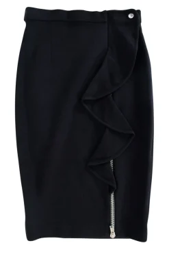 Black pencil skirt with ruffle down one side and silver zip through