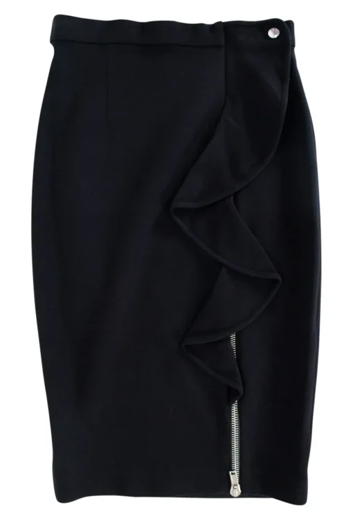 Black pencil skirt with ruffle down one side and silver zip through