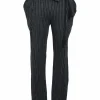 Black pinstripe cotton low-rise joggers with fold-over drawstring waistband and slanted hip pockets