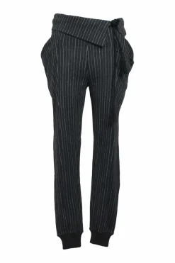 Black pinstripe cotton low-rise joggers with fold-over drawstring waistband and slanted hip pockets