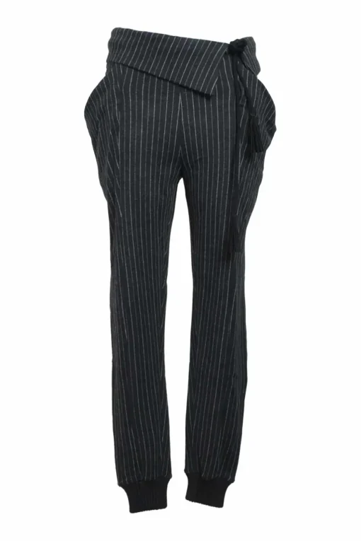 Black pinstripe cotton low-rise joggers with fold-over drawstring waistband and slanted hip pockets