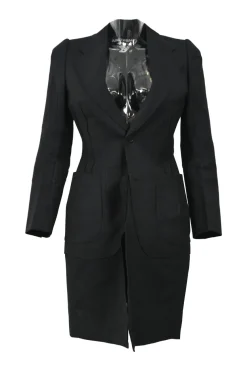 Black pinstripe wool singe breasted notch lapel tailored jacket and pull-on high-rise skirt suit set