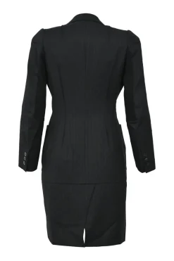 Black pinstripe wool singe breasted notch lapel tailored jacket and pull-on high-rise skirt suit set