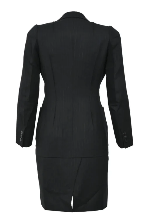 Black pinstripe wool singe breasted notch lapel tailored jacket and pull-on high-rise skirt suit set