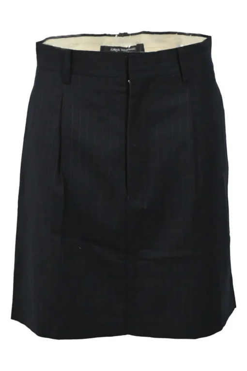 Black pinstripe wool singe breasted notch lapel tailored jacket and pull-on high-rise skirt suit set