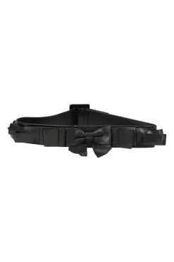 Black pleated leather waist belt with bow accent and tonal hardware
