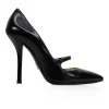 Black pointy leather high heel with strap vamp