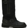 Black polished calfskin and bouclé tweed fabric pull-on knee-high biker boots