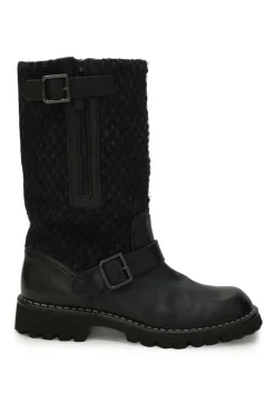 Black polished calfskin and bouclé tweed fabric pull-on knee-high biker boots