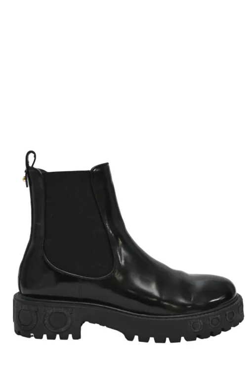 Black polished calfskin and rubber Vasi pull-on combat Chelsea flatform boots with tread soles
