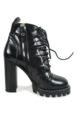 Black polished calfskin and rubber lace-up Star Trail combat-style block heel ankle boots