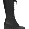 Black polished calfskin and rubber pull-on tall lace-up platform boots with tread soles and side zip closure
