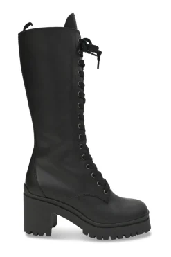 Black polished calfskin and rubber pull-on tall lace-up platform boots with tread soles and side zip closure