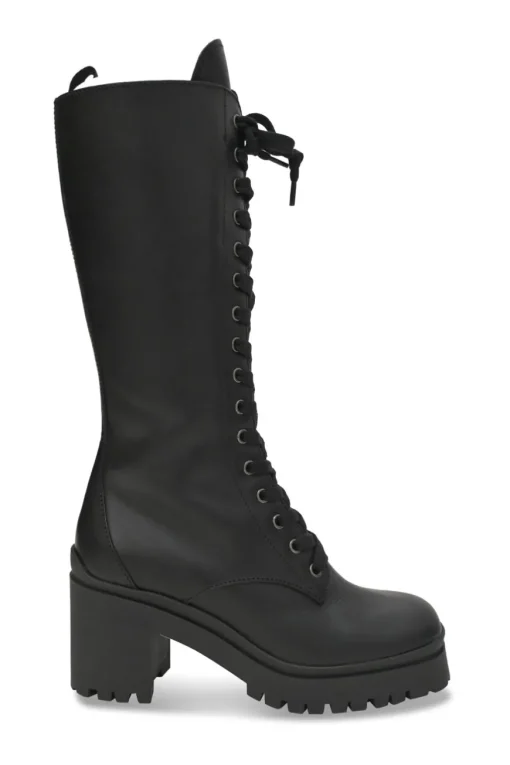 Black polished calfskin and rubber pull-on tall lace-up platform boots with tread soles and side zip closure