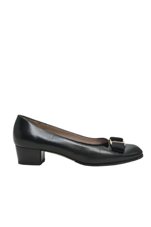 Black polished calfskin almond-toe Vara Bow court pumps