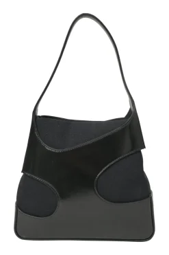 Black polished calfskin and canvas Cutout shoulder bag