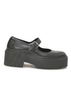 Black polished calfskin and rubber flatform Hoxton Oxford Mary Jane pumps with tread soles