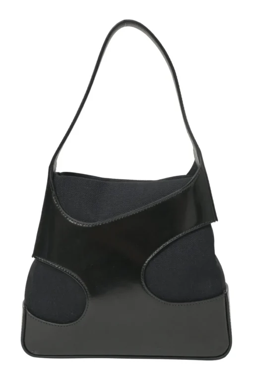 Black polished calfskin and canvas Cutout shoulder bag