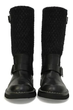 Black polished calfskin and bouclé tweed fabric pull-on knee-high biker boots