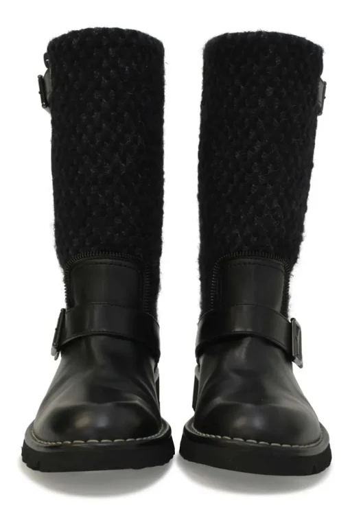 Black polished calfskin and bouclé tweed fabric pull-on knee-high biker boots