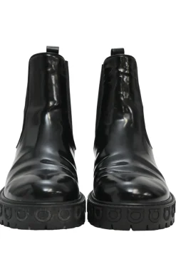 Black polished calfskin and rubber Vasi pull-on combat Chelsea flatform boots with tread soles