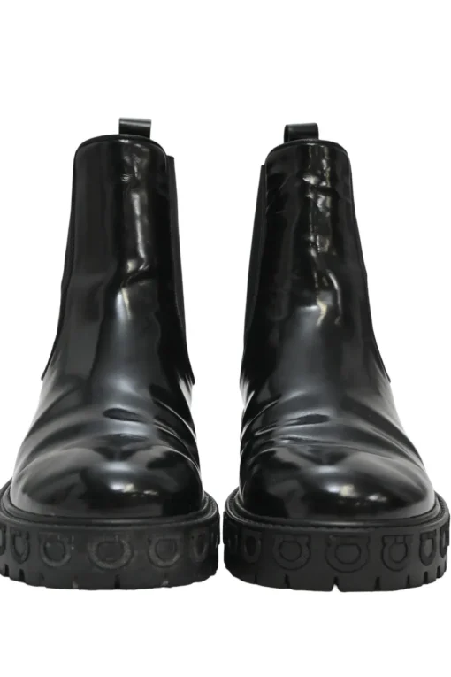 Black polished calfskin and rubber Vasi pull-on combat Chelsea flatform boots with tread soles