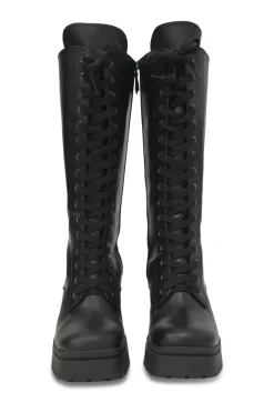 Black polished calfskin and rubber pull-on tall lace-up platform boots with tread soles and side zip closure