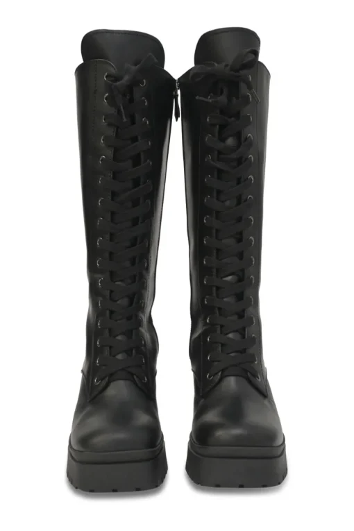 Black polished calfskin and rubber pull-on tall lace-up platform boots with tread soles and side zip closure