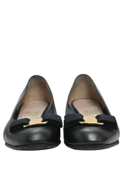 Black polished calfskin almond-toe Vara Bow court pumps