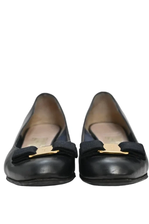 Black polished calfskin almond-toe Vara Bow court pumps