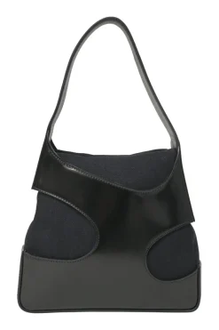 Black polished calfskin and canvas Cutout shoulder bag