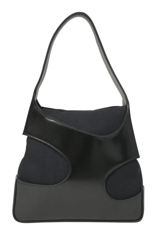 Black polished calfskin and canvas Cutout shoulder bag
