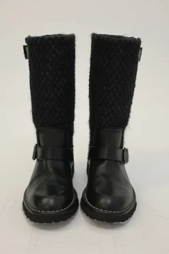Black polished calfskin and bouclé tweed fabric pull-on knee-high biker boots