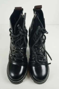 Black polished calfskin and rubber lace-up Star Trail combat-style block heel ankle boots