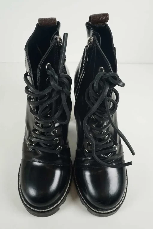 Black polished calfskin and rubber lace-up Star Trail combat-style block heel ankle boots