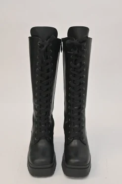 Black polished calfskin and rubber pull-on tall lace-up platform boots with tread soles and side zip closure