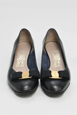 Black polished calfskin almond-toe Vara Bow court pumps