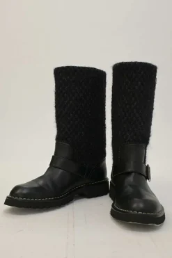 Black polished calfskin and bouclé tweed fabric pull-on knee-high biker boots