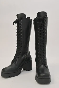 Black polished calfskin and rubber pull-on tall lace-up platform boots with tread soles and side zip closure