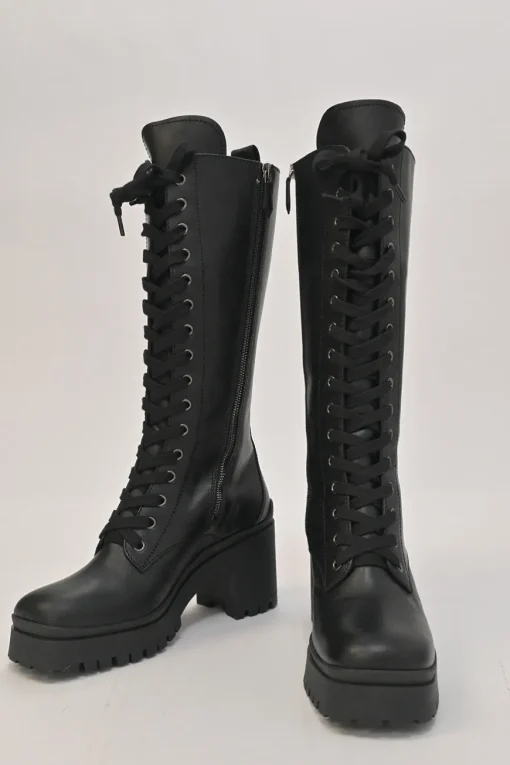 Black polished calfskin and rubber pull-on tall lace-up platform boots with tread soles and side zip closure