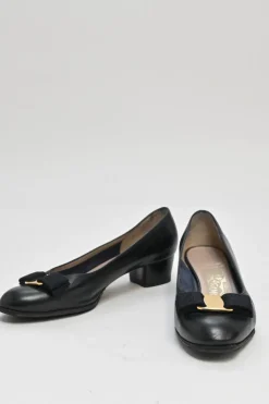 Black polished calfskin almond-toe Vara Bow court pumps