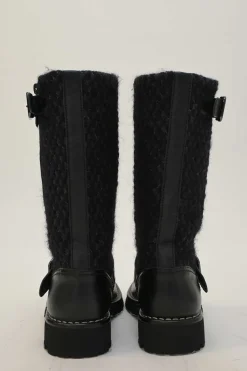Black polished calfskin and bouclé tweed fabric pull-on knee-high biker boots