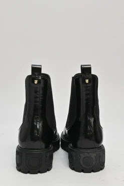 Black polished calfskin and rubber Vasi pull-on combat Chelsea flatform boots with tread soles